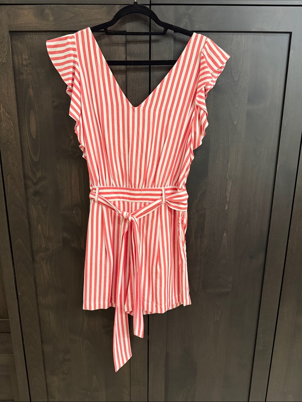 Striped V-Neck Belted Romper in Red and White